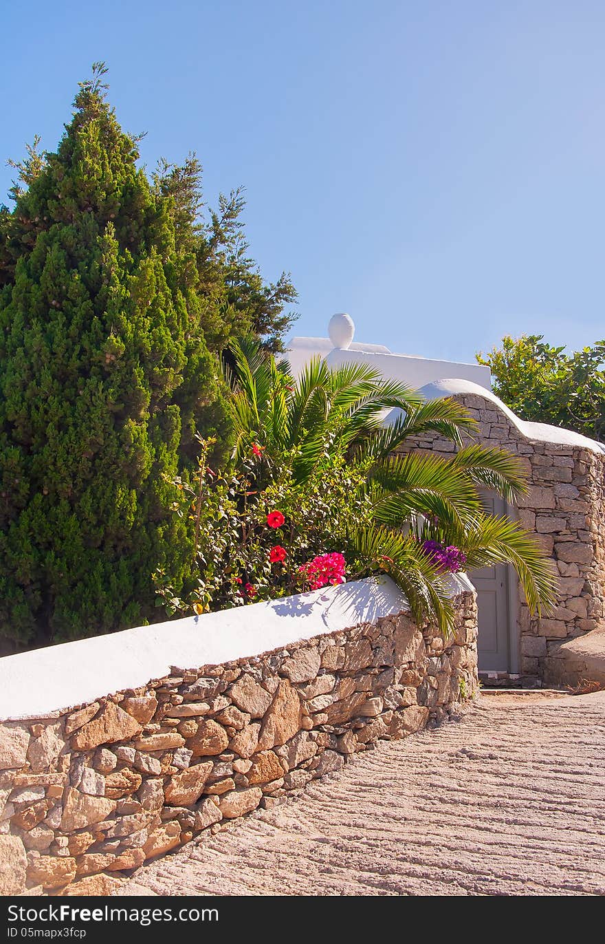 Stone wall with a gray door in a garden with palm trees and flowers.