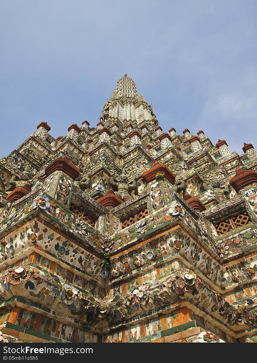 Detail of decoration with color tile on main stupa in Arun temple, bangkok, Thailand