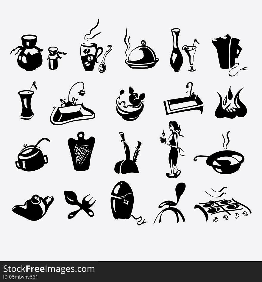 Set of kitchen utensils in icons. Set of kitchen utensils in icons