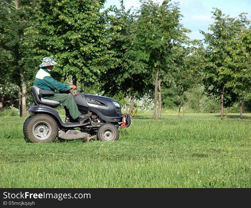 The worker-lawn-mower mows a grass on a lawn