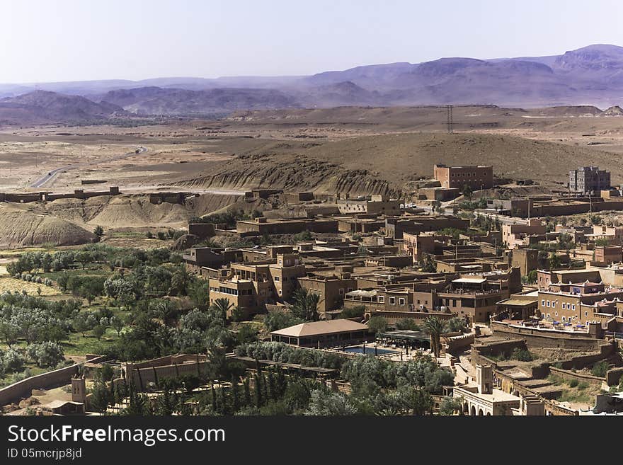 View from the top of the Kasbah ait ben haddou in the direction of village . Morocco