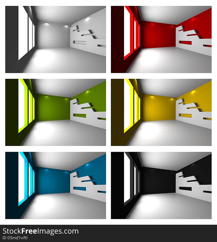 Set of Home interior rendering with empty room color wall and decorated. Set of Home interior rendering with empty room color wall and decorated.