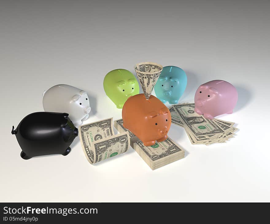 3D illustration rendering of American Dollar Bills and Piggy Bank. 3D illustration rendering of American Dollar Bills and Piggy Bank