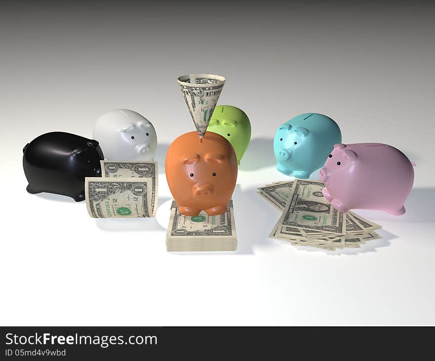 3D illustration rendering of American Dollar Bills and Piggy Bank. 3D illustration rendering of American Dollar Bills and Piggy Bank