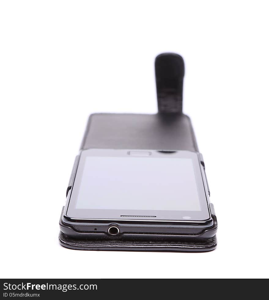 Mobile phone in its case over white background