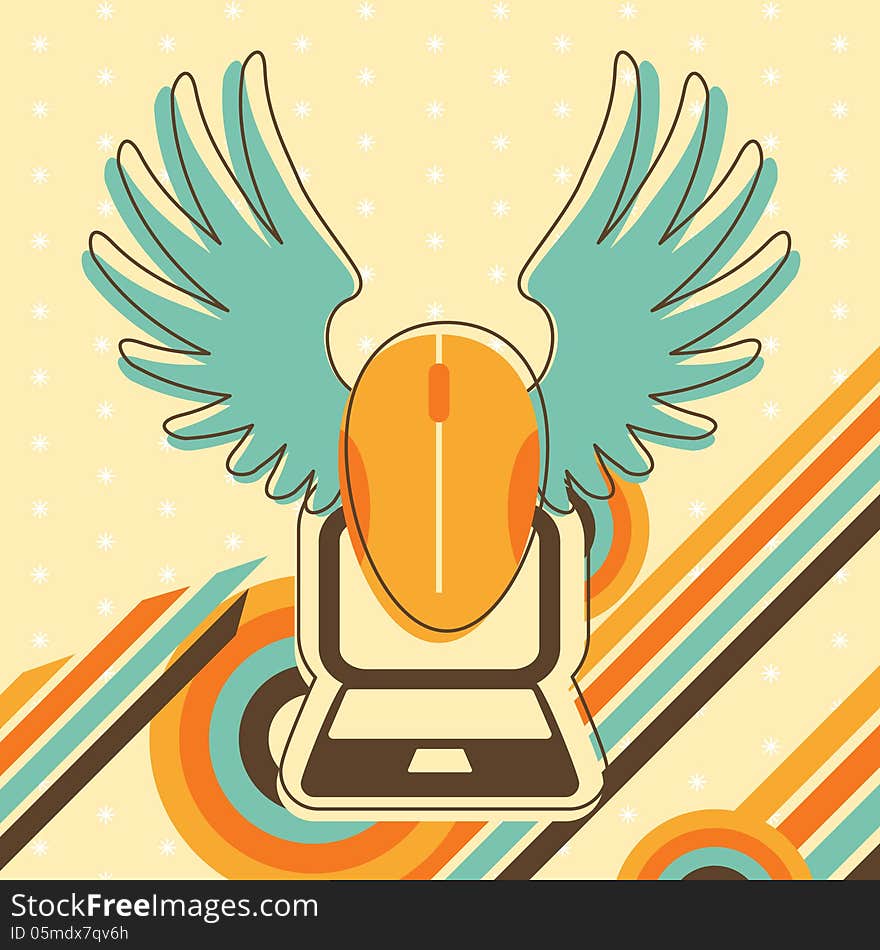 Illustration in retro-style colors - Computer Mouse with Wings. Illustration in retro-style colors - Computer Mouse with Wings