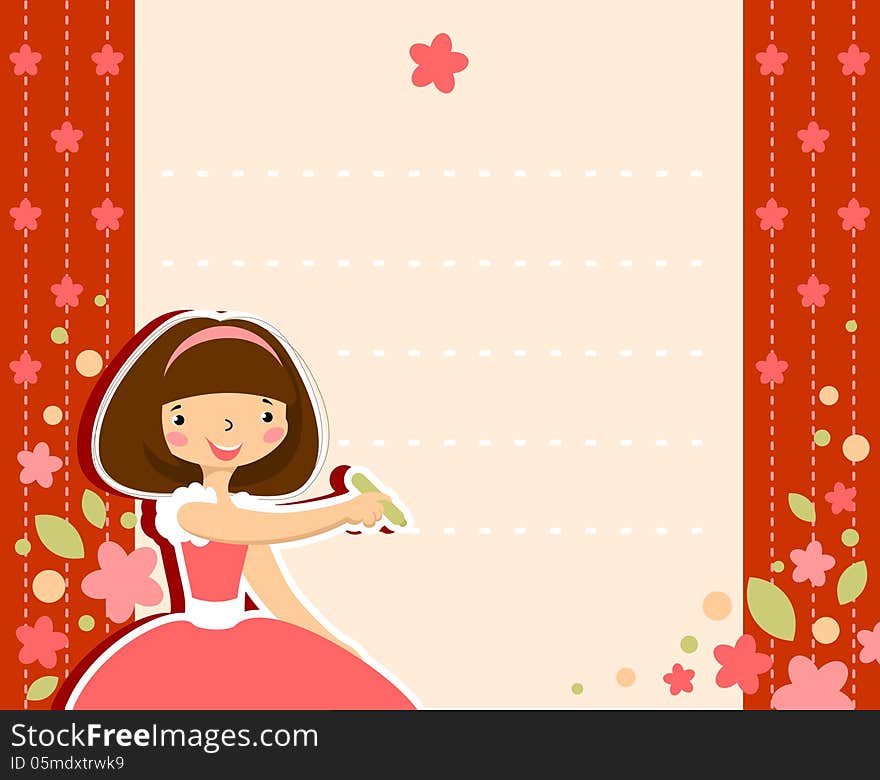 Vector Frame - Flower background and a little girl wrote a letter. Vector Frame - Flower background and a little girl wrote a letter