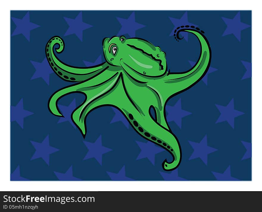 Painted octopus on blue background with stars