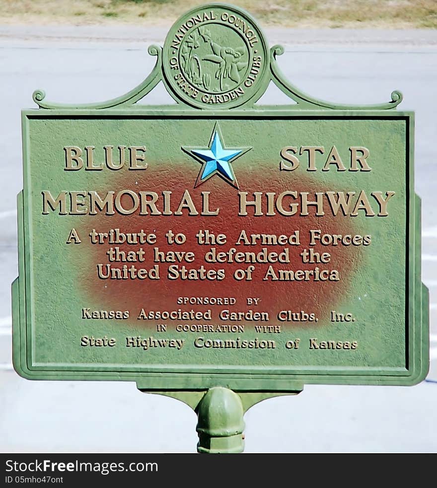 Blue star memorial highway sign in the state of Kansas ,USA,symbol of honor to the Armed Forces. Blue star memorial highway sign in the state of Kansas ,USA,symbol of honor to the Armed Forces