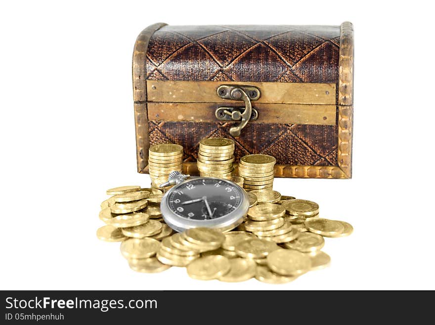 A chest full of gold coins round-the-clock cover is open next to the box of money. A chest full of gold coins round-the-clock cover is open next to the box of money