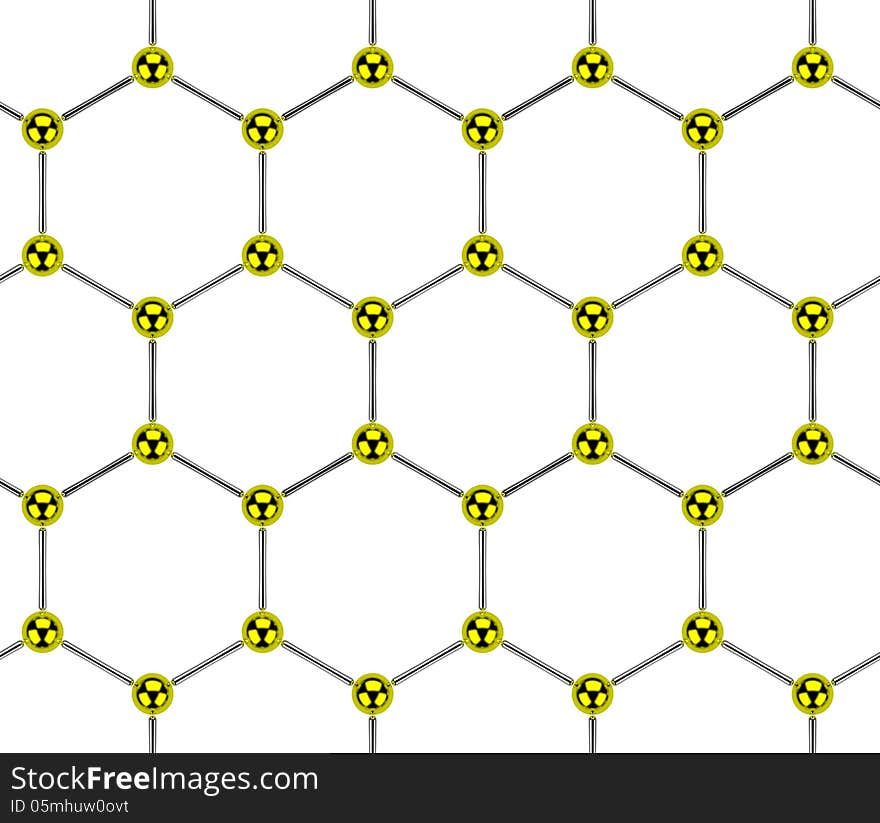 Abstract metal hexagonal lattice consisting of golden and steel balls isolated on white, seamless background. Abstract metal hexagonal lattice consisting of golden and steel balls isolated on white, seamless background