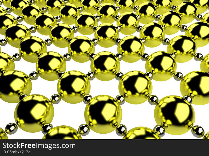 Abstract metal lattice consisting of golden and steel balls isolated on white, perspective view. Abstract metal lattice consisting of golden and steel balls isolated on white, perspective view