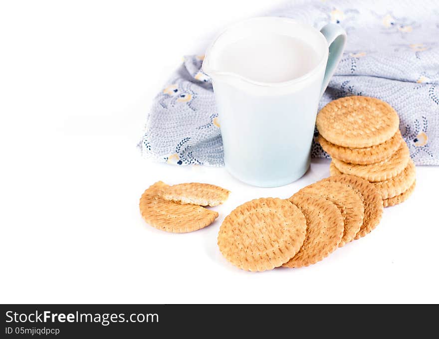 Breakfast, milk and cookies on a white background