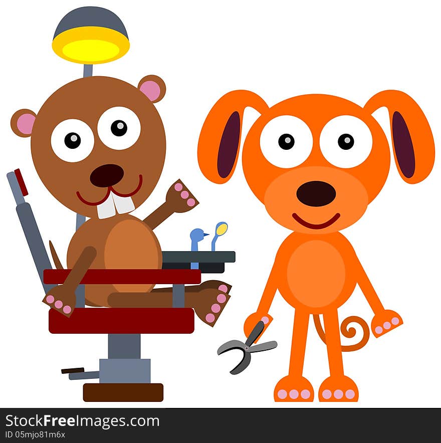 A gopher sitting on a dental chair with his dentist dog. A gopher sitting on a dental chair with his dentist dog