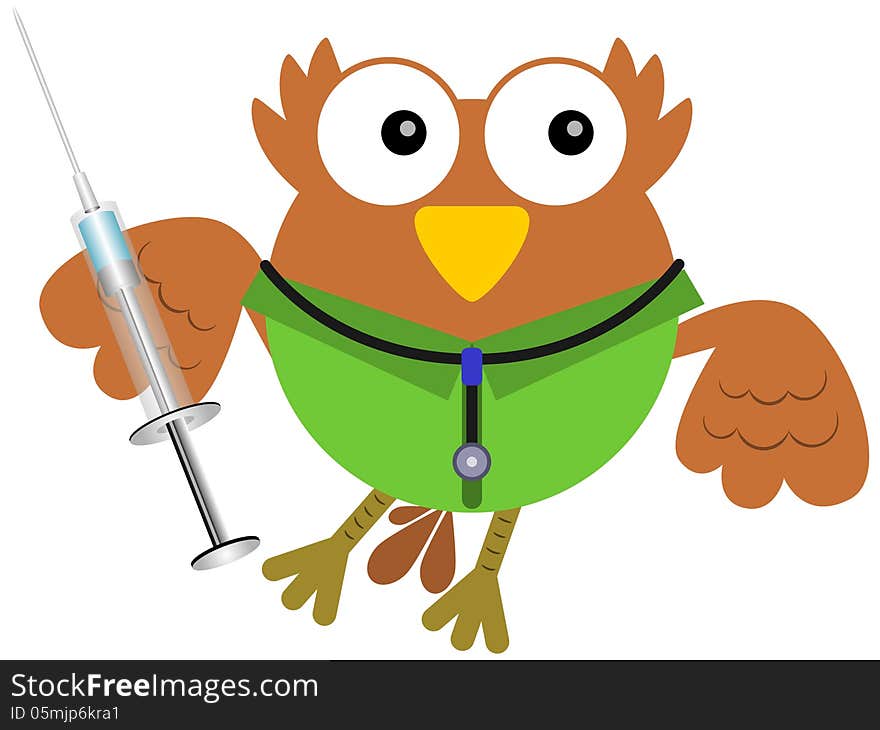 A humorous illustration of a doctor owl holding a syringe. A humorous illustration of a doctor owl holding a syringe