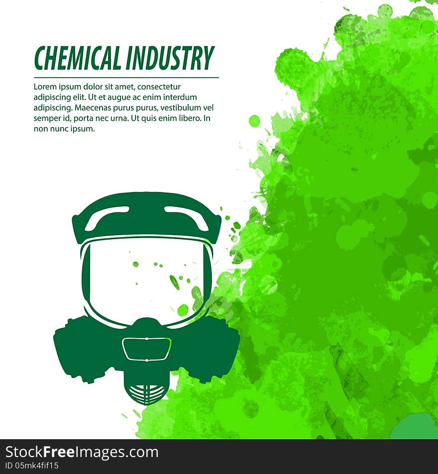 Gas mask and green splatters in chemical industry. Gas mask and green splatters in chemical industry