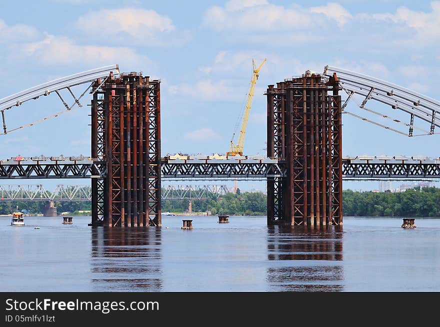 Bridge construction across Dnipro river in Kyiv, Ukraine