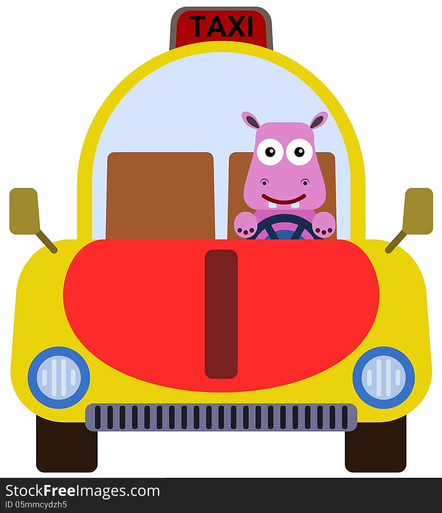 A cute illustration of a hippopotamus driving a taxi. A cute illustration of a hippopotamus driving a taxi