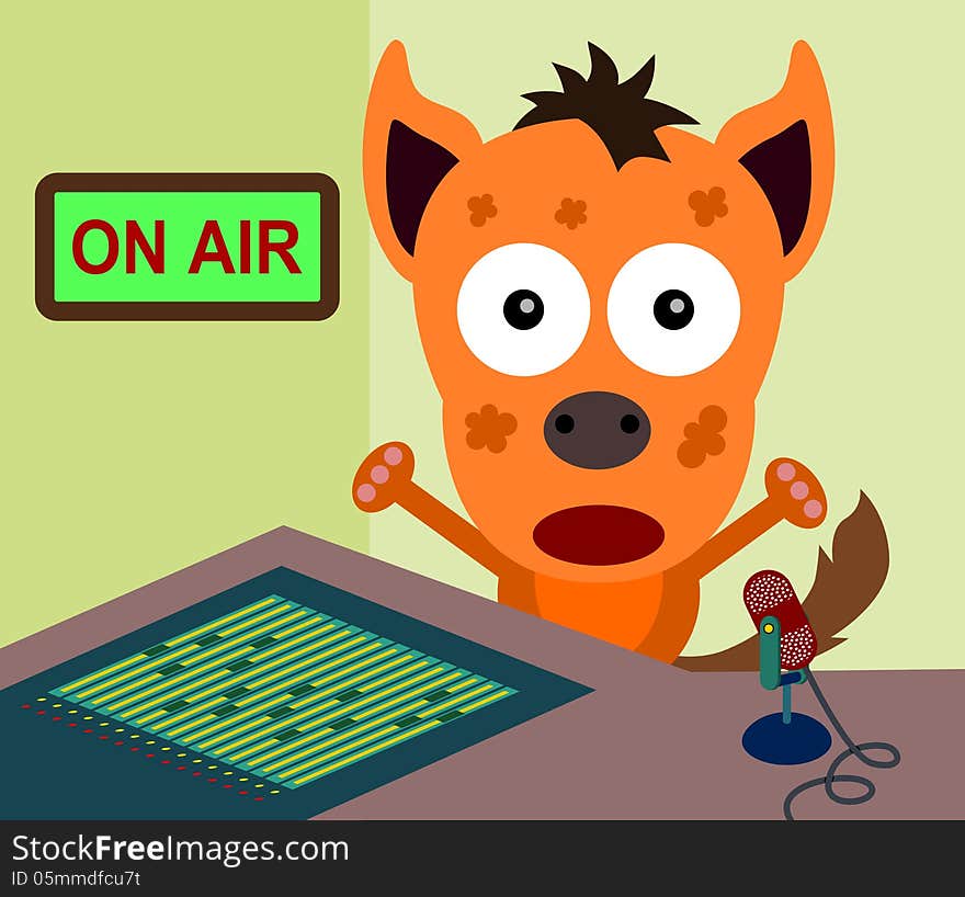 A cartoon illustration of a hyena with a job as an announcer. A cartoon illustration of a hyena with a job as an announcer