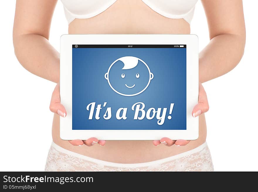 A pregnant woman is holding a tablet computer with the news abou