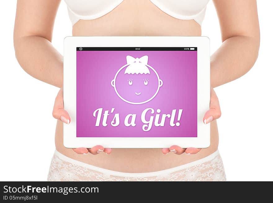 A pregnant woman is holding a tablet computer with the news about the child's gender. It is a girl! Isolated on white background.