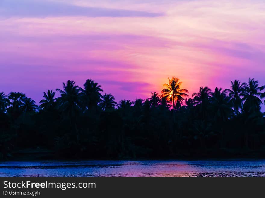 Sunset at silhouette coconut tree with beautiful twilight along the river. Sunset at silhouette coconut tree with beautiful twilight along the river