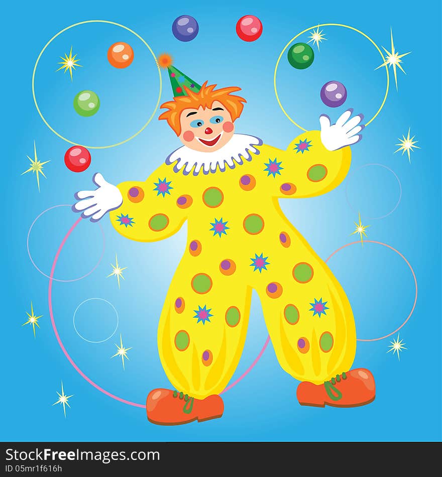 Clown juggling balls and rings