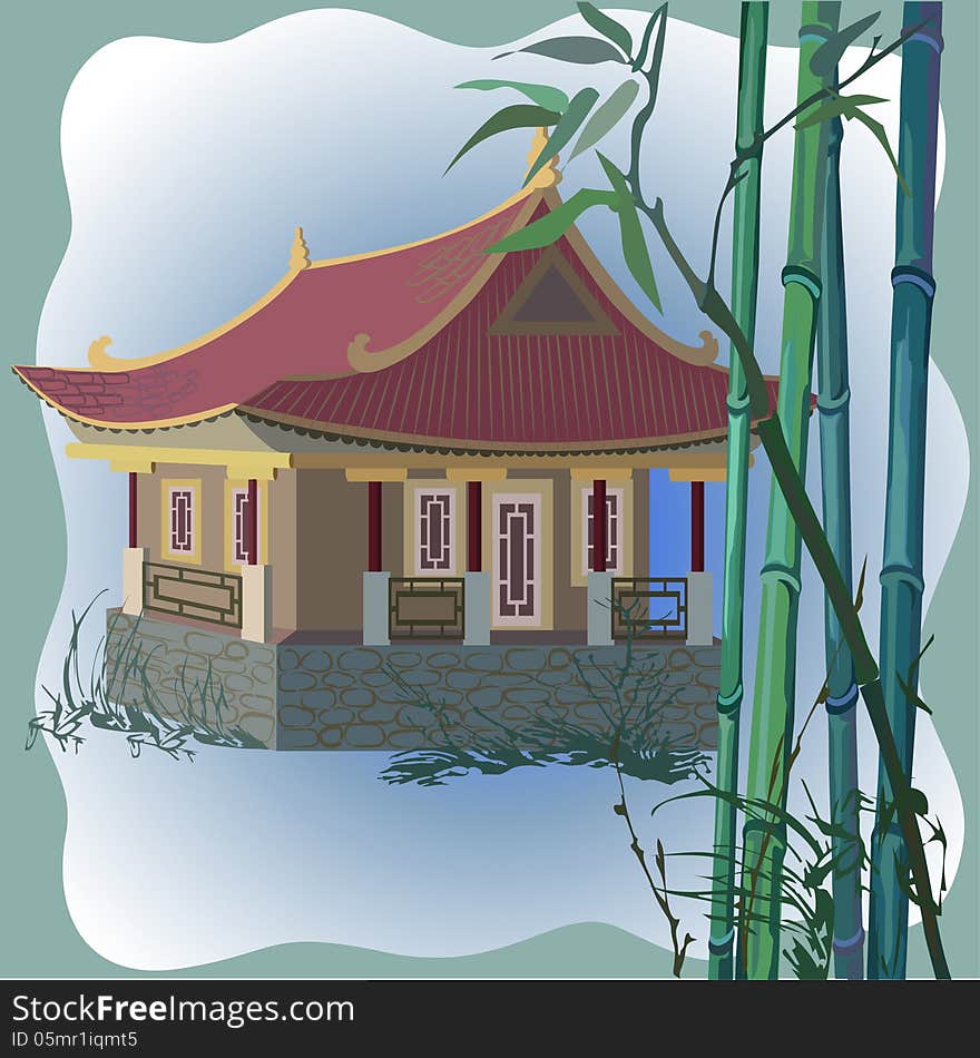 Vector illustration of a pagoda and bamboo