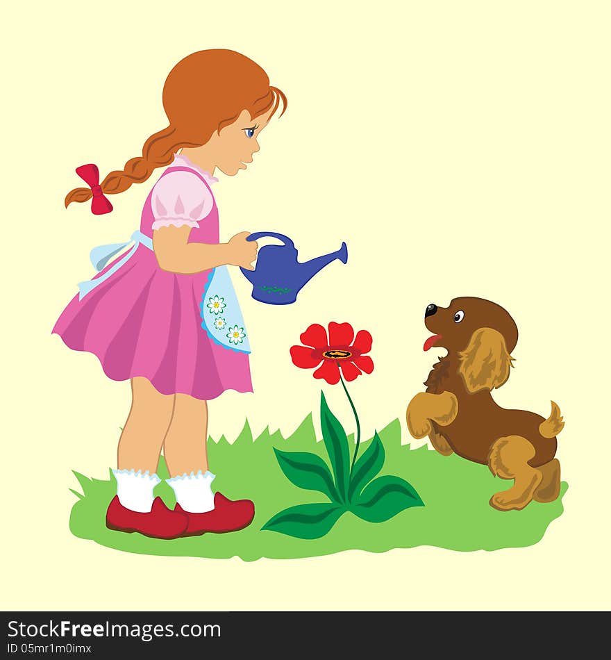 Cartoon illustration of little girl with a puppy on lawn watering a flower. Cartoon illustration of little girl with a puppy on lawn watering a flower.