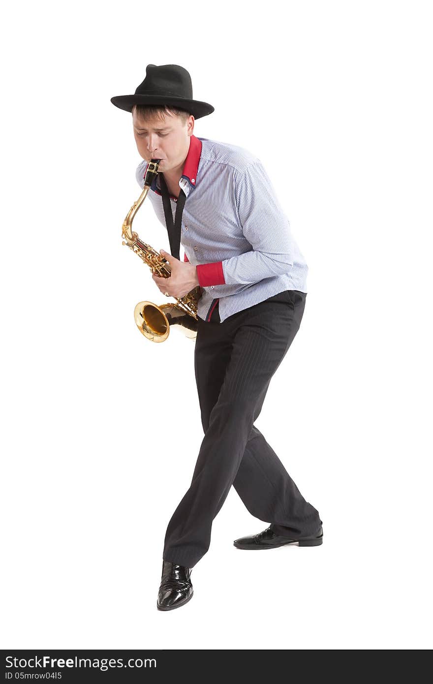 Young man playing on saxophone isolated on white background