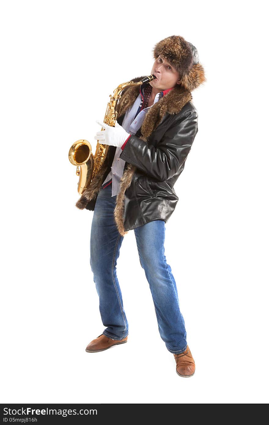 Young man playing on saxophone isolated on white background