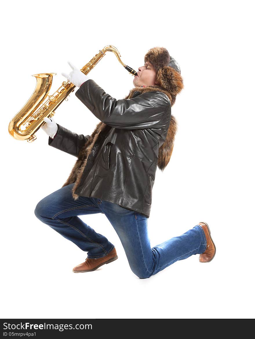 Young man playing on saxophone isolated on white background