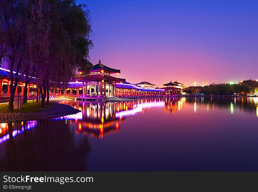 The beautiful lakeside scenery night xian