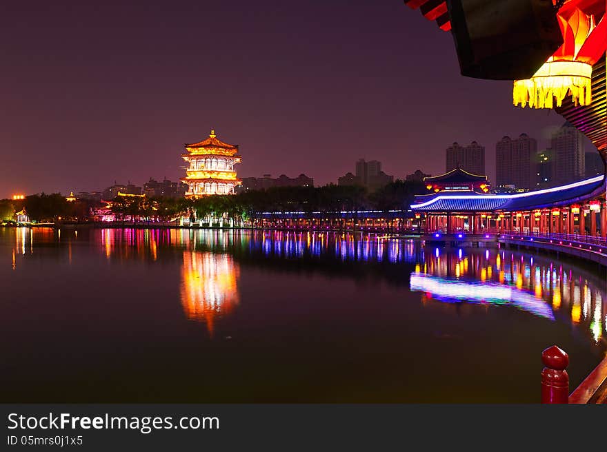 The lakeside buildings night xian