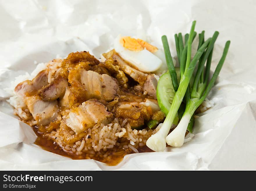 Rice crispy pork on white background