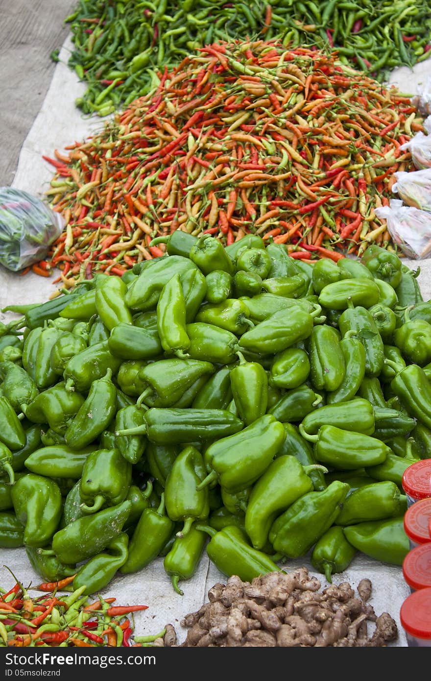 Heaps of Chili and pepper in Laungprabang morning market