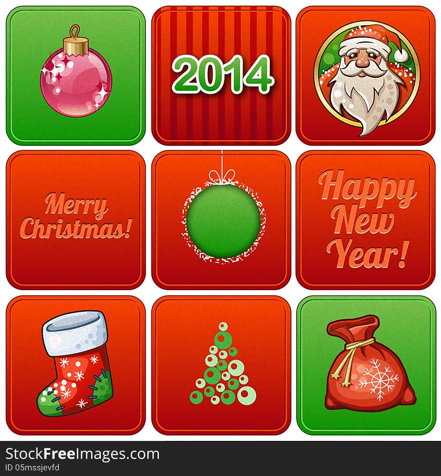 New Year's cards with inscriptions and cartoon icons. New Year's cards with inscriptions and cartoon icons