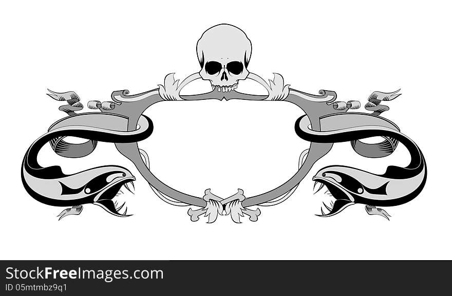 Decorative frame with skull, bones, predator fish and floral element. Decorative frame with skull, bones, predator fish and floral element