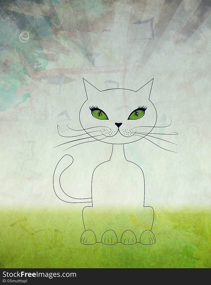 Cartoon cat with green eyes sit on white background. Cartoon cat with green eyes sit on white background.