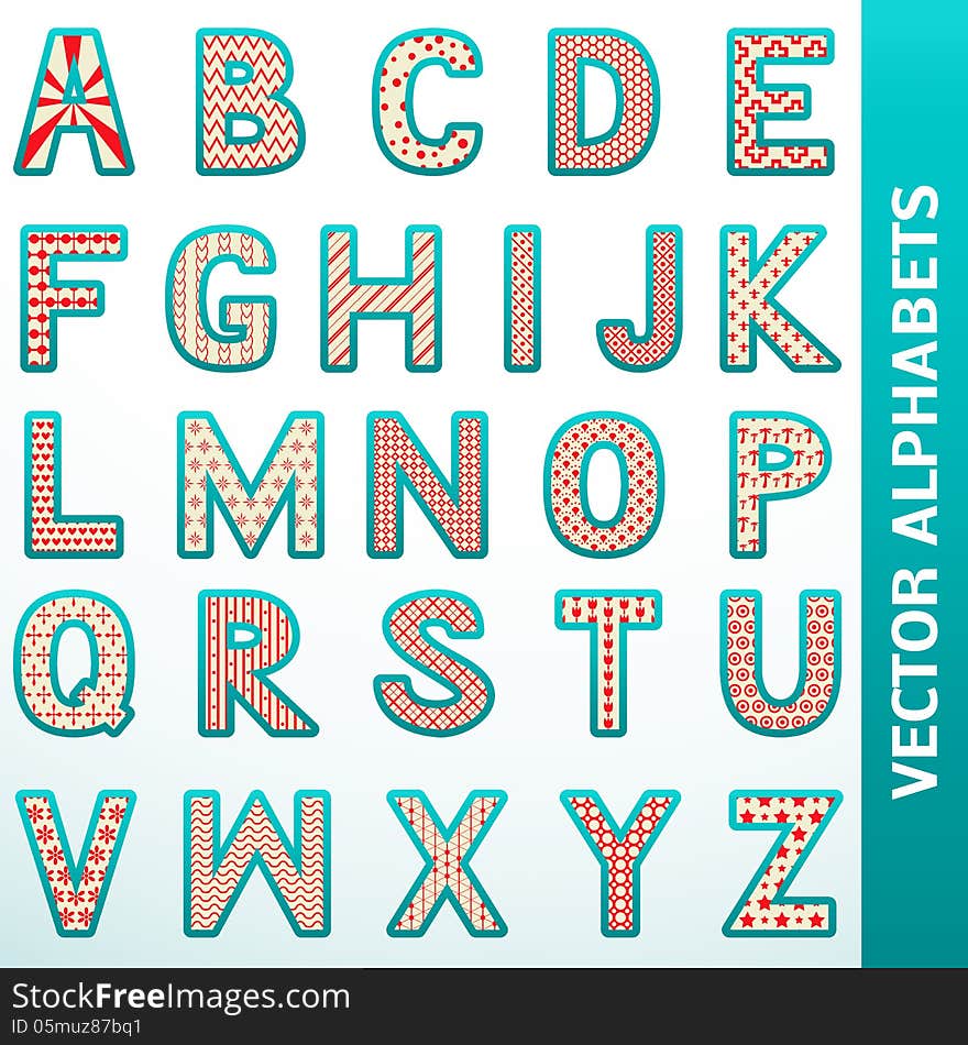 Retro alphabet letters. Vector illustration for your old-fashioned design. Set of character with different pattern in vintage color.