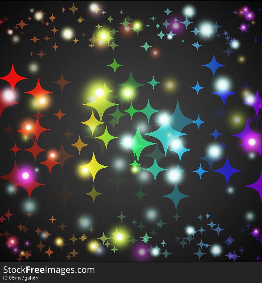 Abstract star glowing shape with lights and dark background. Vector illustration for your happy design. Wallpaper for night disco party presentation.