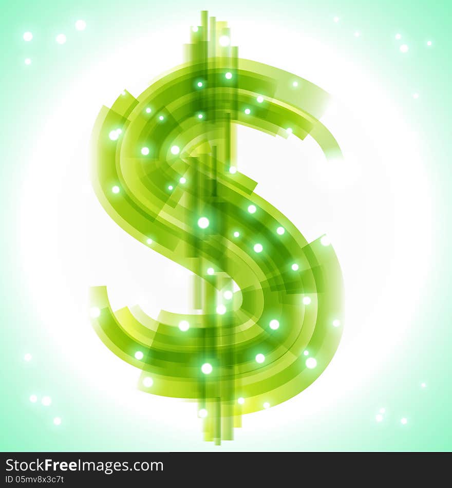 Green money symbol with transparency and lights