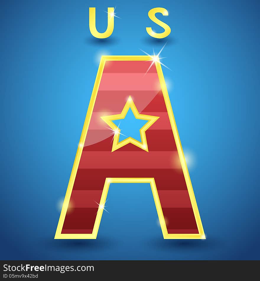 Abstract icon based on the letter A. Red American sign with stripes and golden border on blue background. Vector illustration symbol for Independence Day and other events.