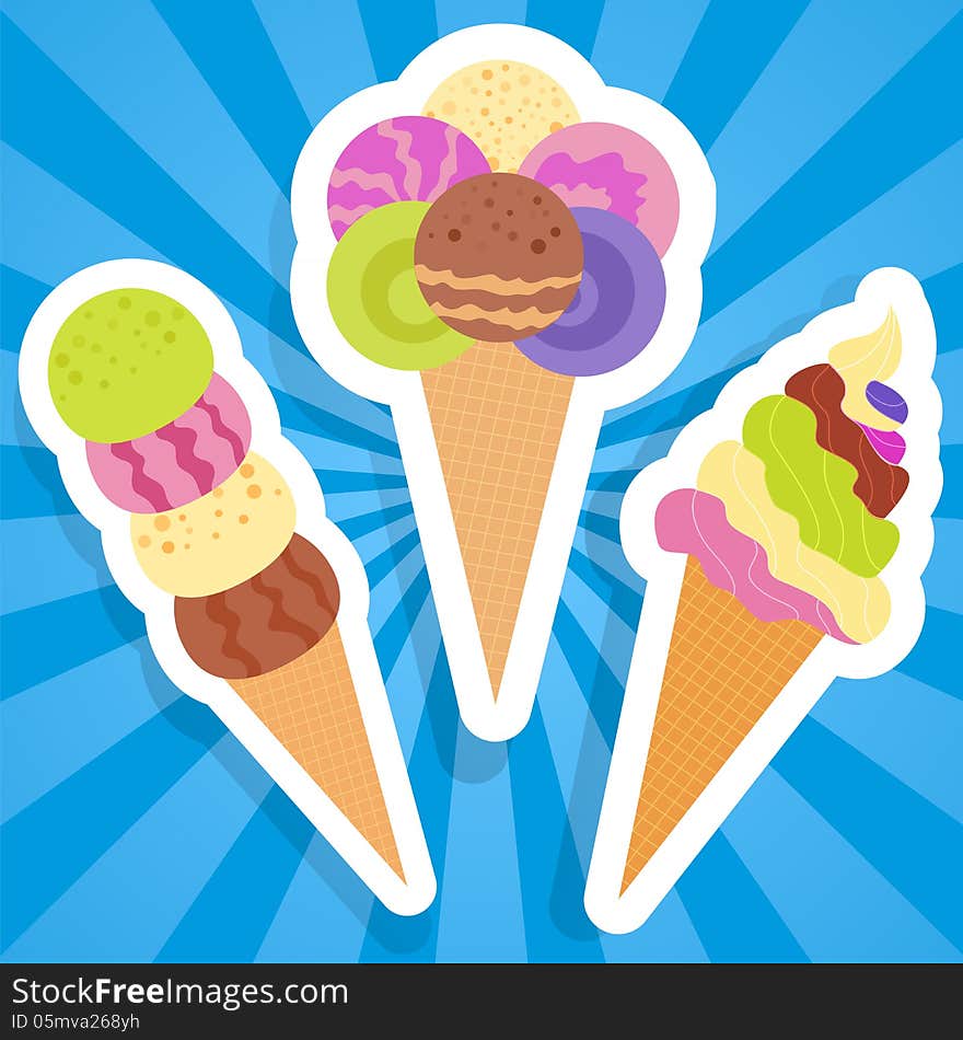 Set colorful ice cream icon on blue beams background with cone and ball. Very delicious and funny. May use for design of happy frozen party. Vector illustration for your sweet design.