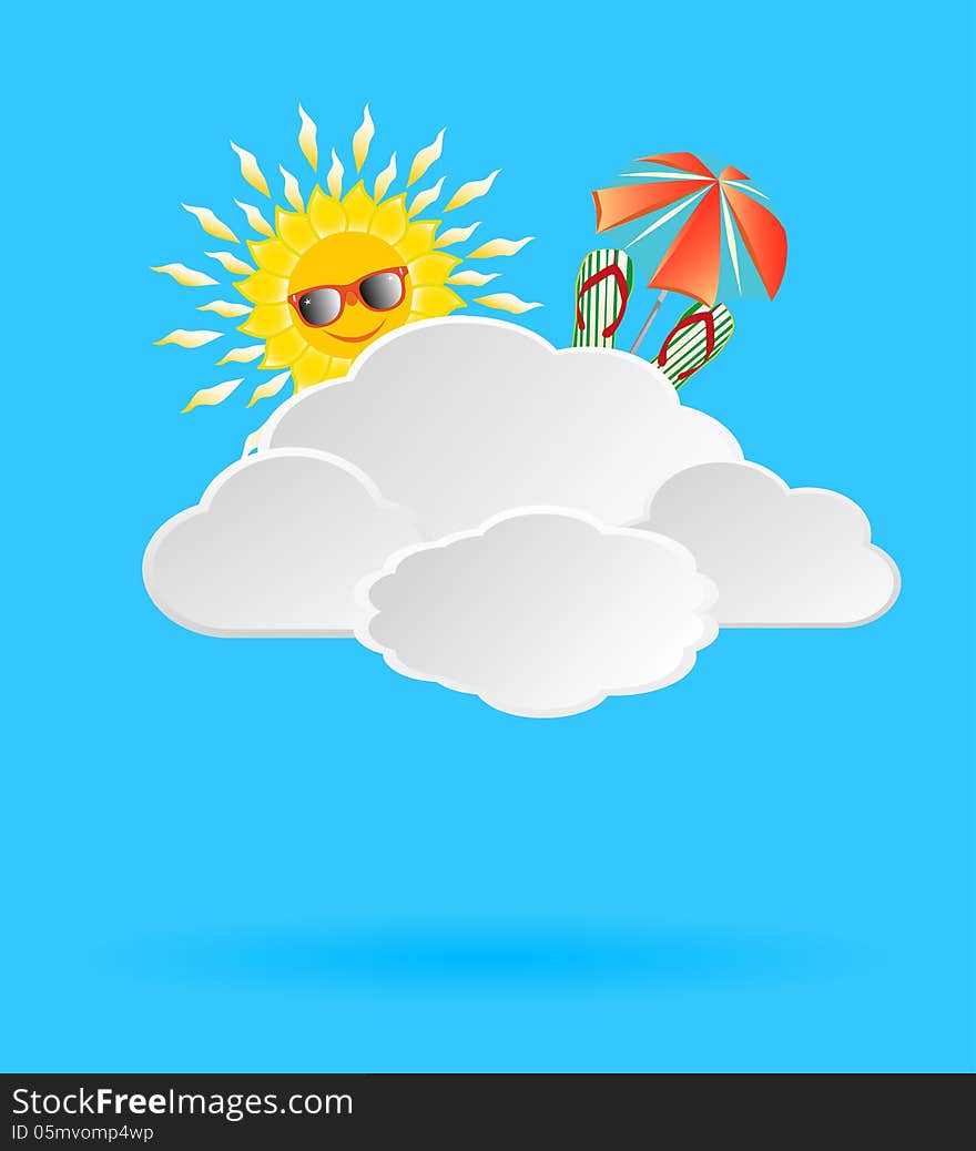 Background with clouds lit by the sun with the elements of beach stuff for your design ideas. EPS 10