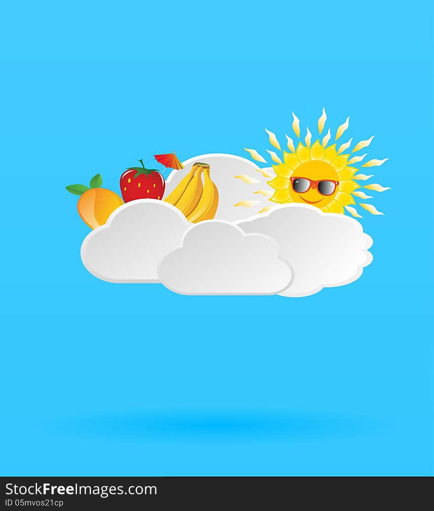 Blue background with fruits and sun in the clouds