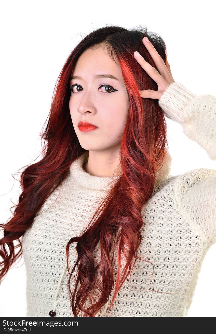 Asian woman with red color long hair in modern lifestyle fashion. Asian woman with red color long hair in modern lifestyle fashion