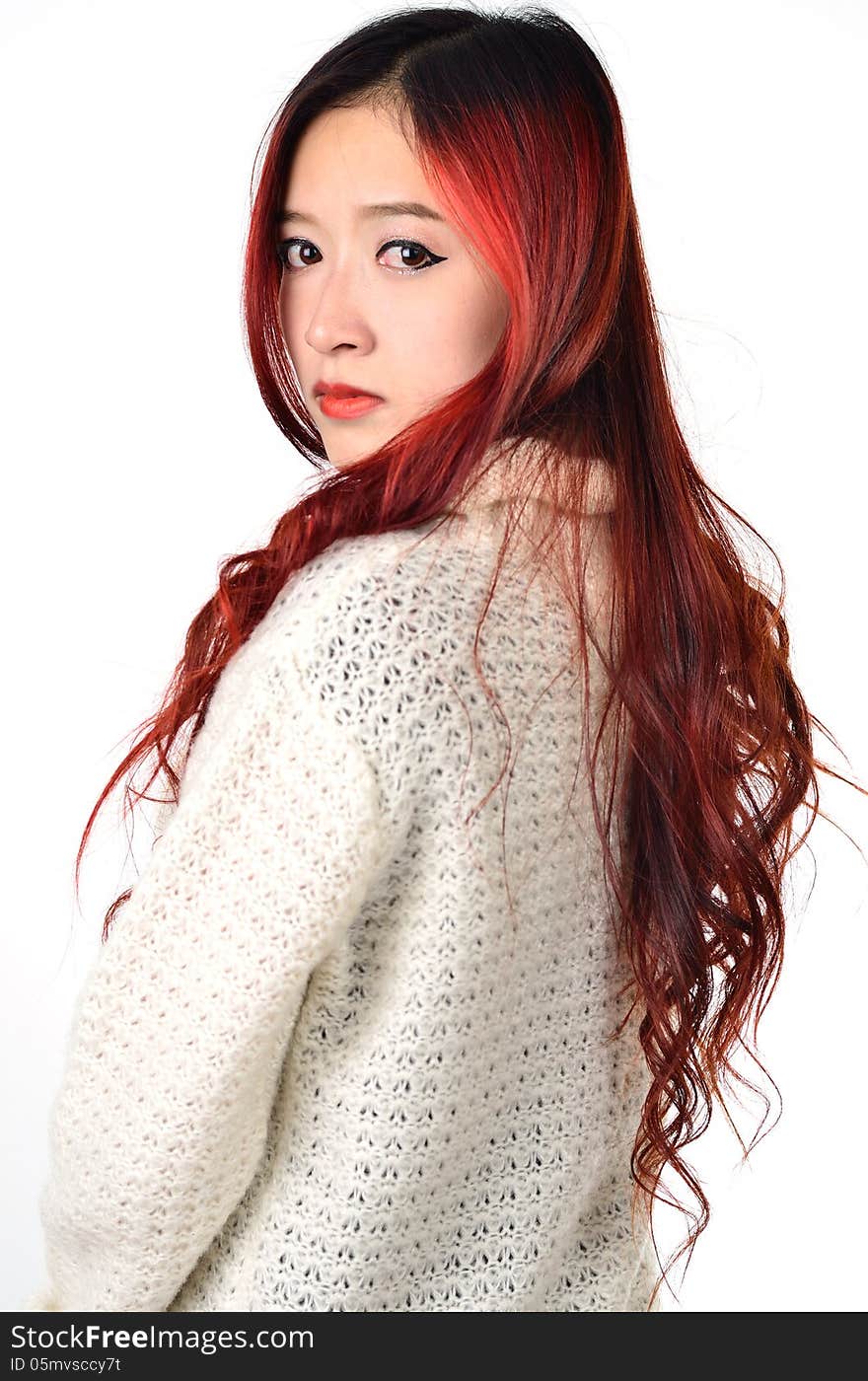 Asian women red long hair in modern fashion