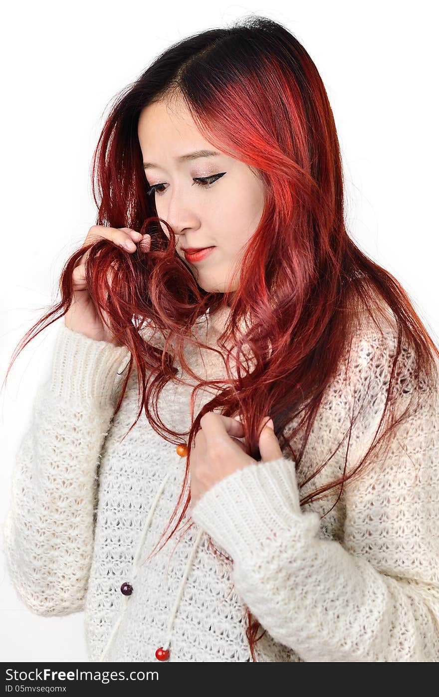 Asian woman with red color long hair in modern lifestyle fashion. Asian woman with red color long hair in modern lifestyle fashion