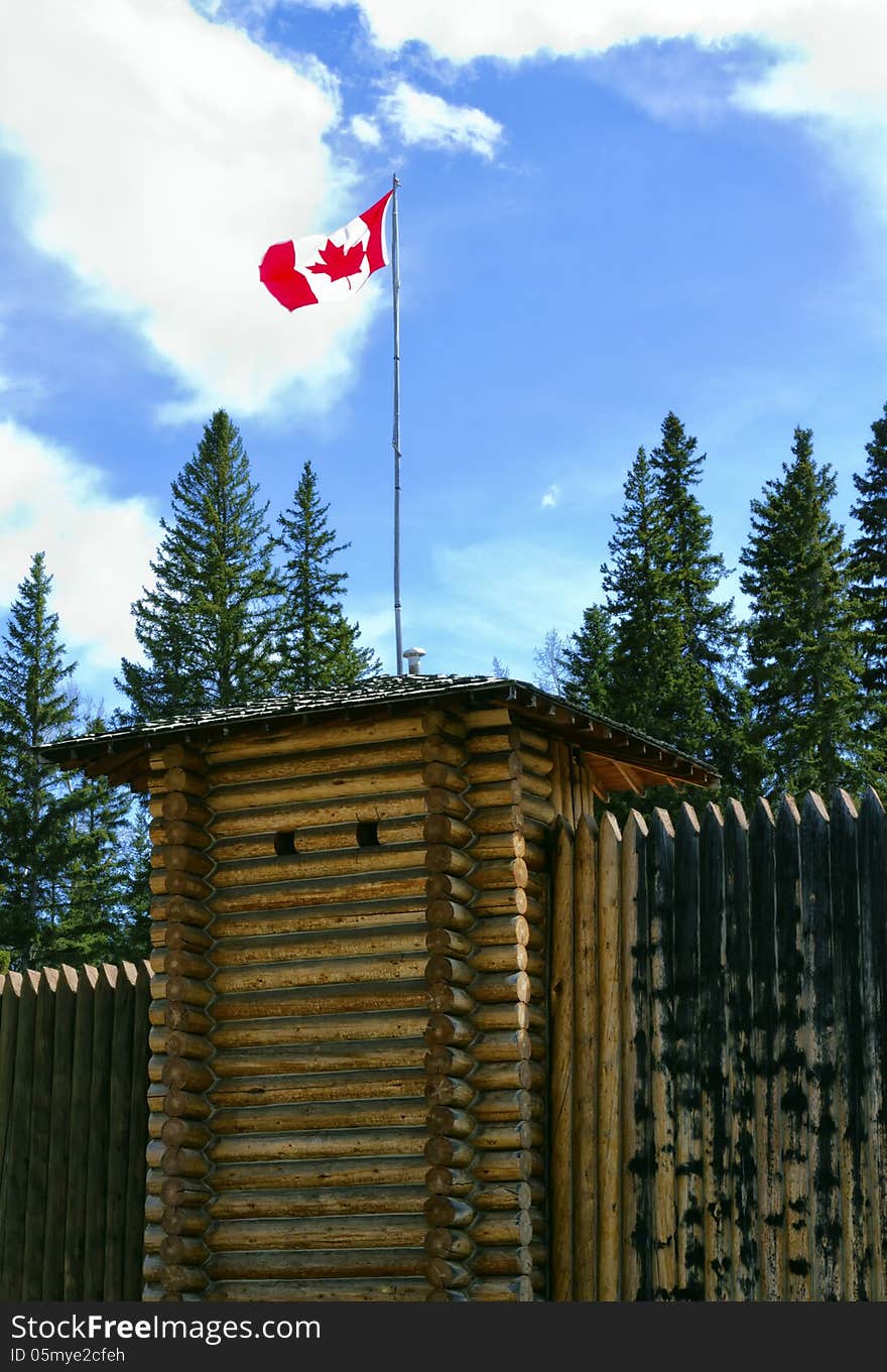 Close up of a tower of a Canadian wooden log fort. Close up of a tower of a Canadian wooden log fort